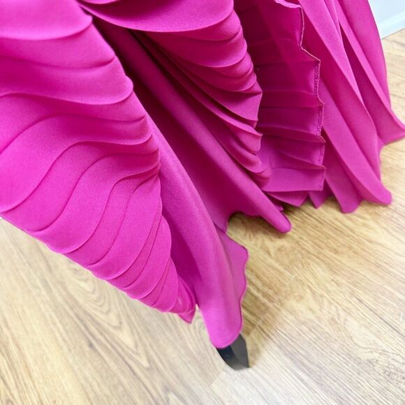 Carmen Marc Valvo Silk Strapless Fuchsia Gown With Ruffle Detail Pleated Skirt 4 - Picture 8 of 12